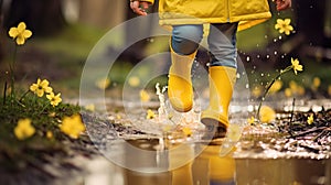 Feet of child in yellow rubber boots jumping over a puddle in the rain.