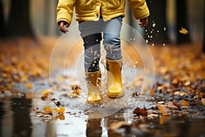 Feet of child in yellow rubber boots jumping over puddle in rain. Generative AI