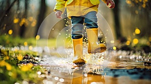 Feet of child in yellow rubber boots jumping over a puddle in the rain.