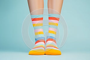 Feet in colorful striped funny socks in front of blue studio background