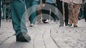 Feet of Crowd People Walking on the Street in Slow Motion