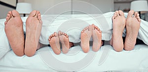 Feet of family lying in bed. Close up of feet of parents and two children in bed. Family relaxing in bed together. Below