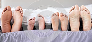 Feet of family lying in bed. Closeup of feet of parents and children in bed. Family relaxing in bed together. Below bare