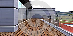 Feet-friendly ecologicaly clean terrace board as a flooring of the stunning balcony of the contemporary private cottage. 3d photo