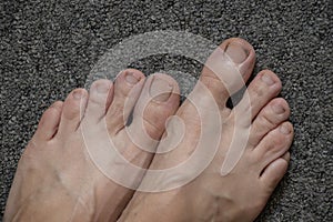 Feet on a gray home carpet, female feet without shoes