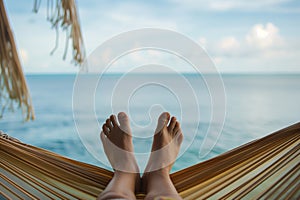 feet hanging from hammock, sea horizon beyond