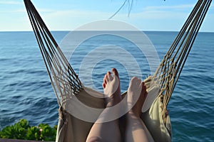 feet hanging from hammock, sea horizon beyond