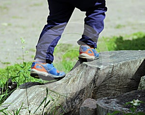 Feet of a little boy who climbs on the big tree stump