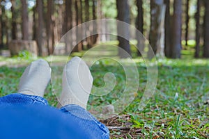 feet lying resting on grass in pine tree forest. leg wearing jeans relaxing in park