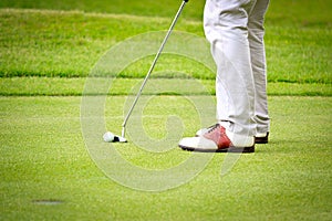 Feet of male golf player putting at green