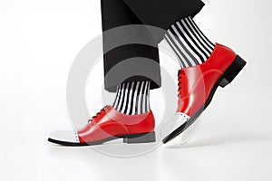 Feet of man with bright red shoes and funny socks on white background