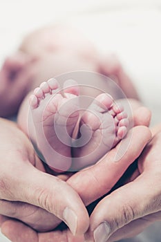 Feet of a newborn baby in the hands of parents. Happy family moment and concept