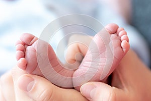 Feet of a newborn baby in mom`s palms close. Close up of female hands holding the feet of a newborn baby. Feet of a