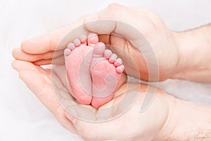 Feet of Newborn Baby, Mother Holding New Born Kid Legs in Hand