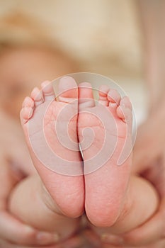 Feet of a newborn baby in the mother's gentle hands.