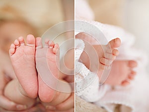 Feet of a newborn baby in the mother's gentle hands.