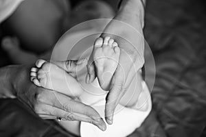 Feet of a newborn baby in parents hands. Mum and Dad hug their baby& x27;s legs.