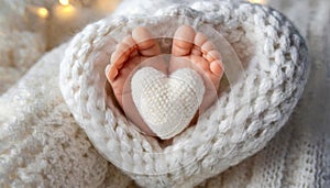 Feet of Newborn Baby in a Soft Wool Blanket with a Knitted Heart - Generative Ai