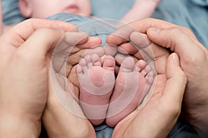 Feet of a newborn baby, toes in the hands of mom and dad, hands and nails of a child, the first days of life after birth,