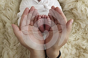 Feet of the newborn on the palms of the parents. The palms are holding the foot