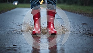 Feet of a person wearing red rubber boots, walking through rainwater and puddles in bad weather