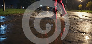 Feet of a person wearing red rubber boots, walking through rainwater and puddles in bad weather