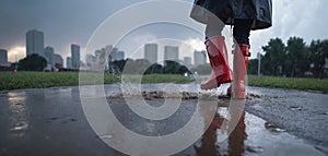 Feet of a person wearing red rubber boots, walking through rainwater and puddles in bad weather