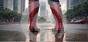 Feet of a person wearing red rubber boots, walking through rainwater and puddles in bad weather