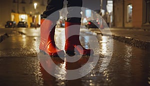 Feet of a person wearing red rubber boots, walking through rainwater and puddles in bad weather