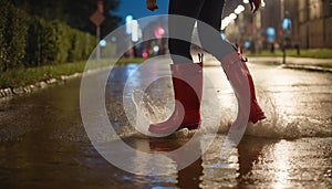 Feet of a person wearing red rubber boots, walking through rainwater and puddles in bad weather