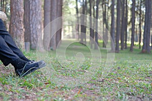 feet resting on grass in pine tree forest