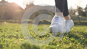 Feet Running Grass Sunset Park Sneakers Outdoor Active Nature