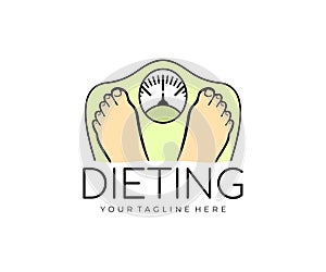 Feet are on the scales, weighing, weight loss, diet and health, logo design. Medicine, gym, healthy food, fitness and sports, vect