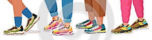 Feet in sneakers. Female and male walking legs in sport shoes with socks, pants and jeans. Trendy fashion fitness