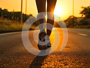 Feet in sports sneakers running on road at sunset.