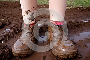 Feet standing in a wet dirt, mud, pudle. AI generative image