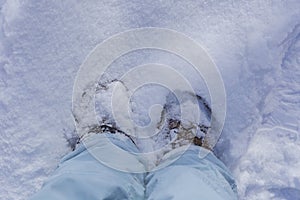 Feet in trekking boots in the snow