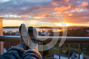 feet up on balcony railing, warm socks, with sunset view