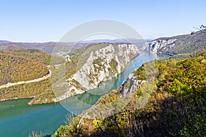 2000 feet of vertical cliffs over Danube river at Djerdap gorge and national park photo