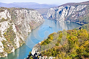 2000 feet of vertical cliffs over Danube river at Djerdap gorge and national park photo