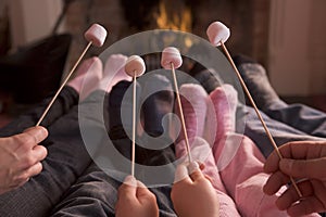 Feet warming at a fireplace with marshmallows