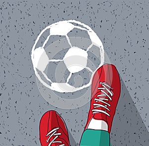 Feet young man top view soccer ball painted on asphalt