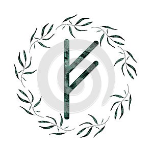 Fehu rune and wreath of dark green leaves