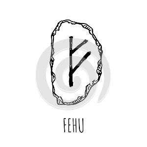Fehu rune written on a stone. Vector illustration. Isolated on white photo