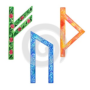 Fehu, Uruz, Thurisaz - watercolor runic symbols,  isolated