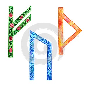 Fehu, Uruz, Thurisaz - watercolor runic symbols,  isolated photo