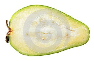 Feijoa fruit cut in half inside longitudinal section isolated on white background