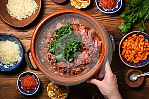 feijoada served on the table with human hands reaching out