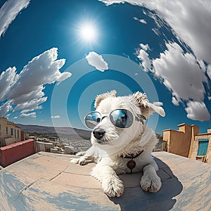 A feisty Dog wearing fashion glasses relaxes in the sun. on the city center\'s roof, Generative Ai photo