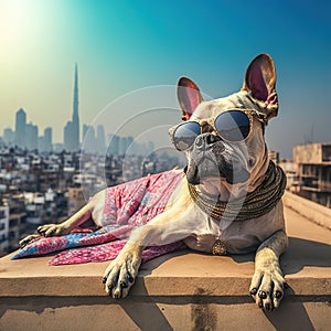 A feisty Dog wearing fashion glasses relaxes in the sun. on the city center\'s roof, Generative Ai photo